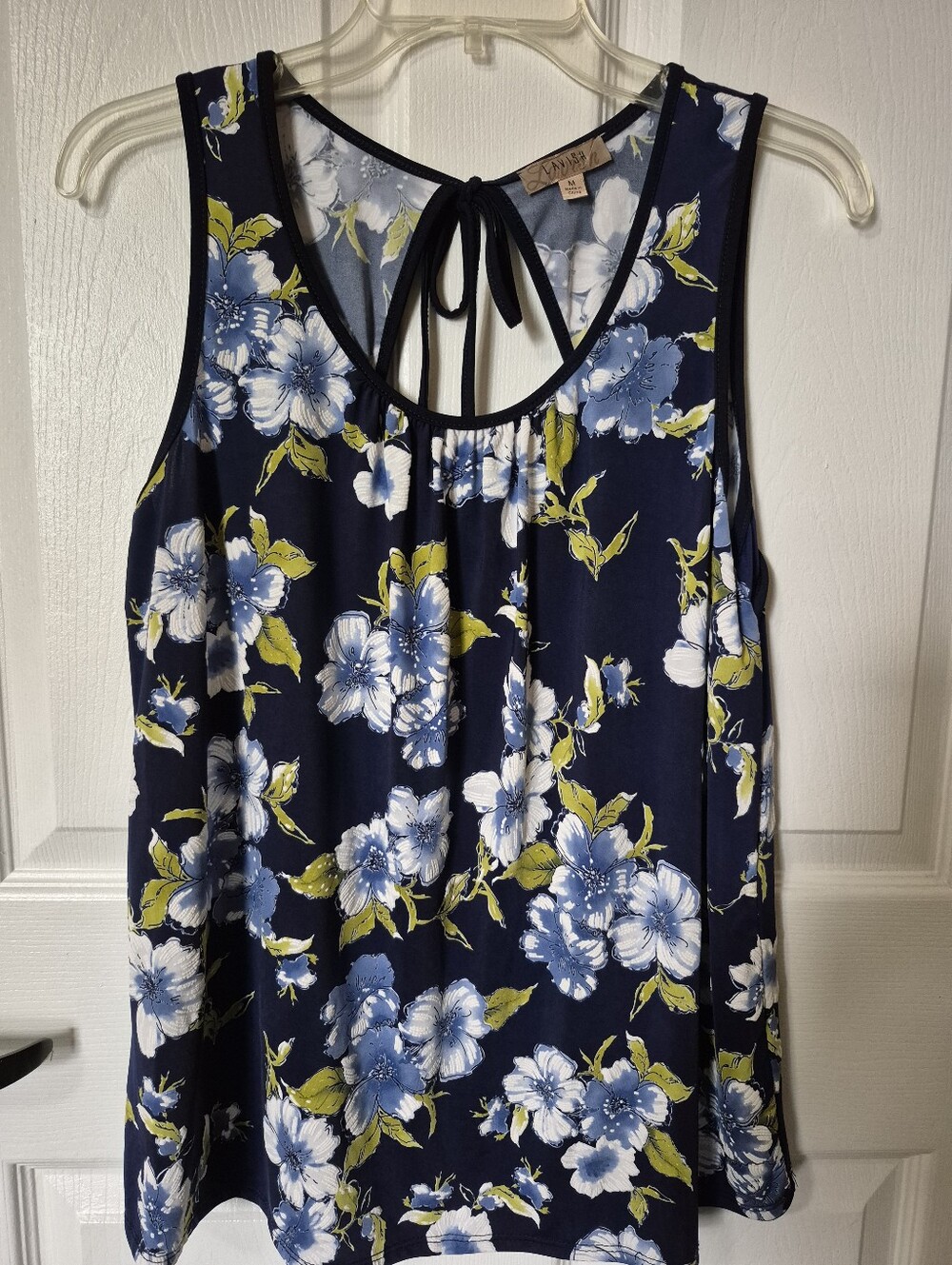 Lavish Navy Floral Tie-Back Tank with Blue and White Blooms